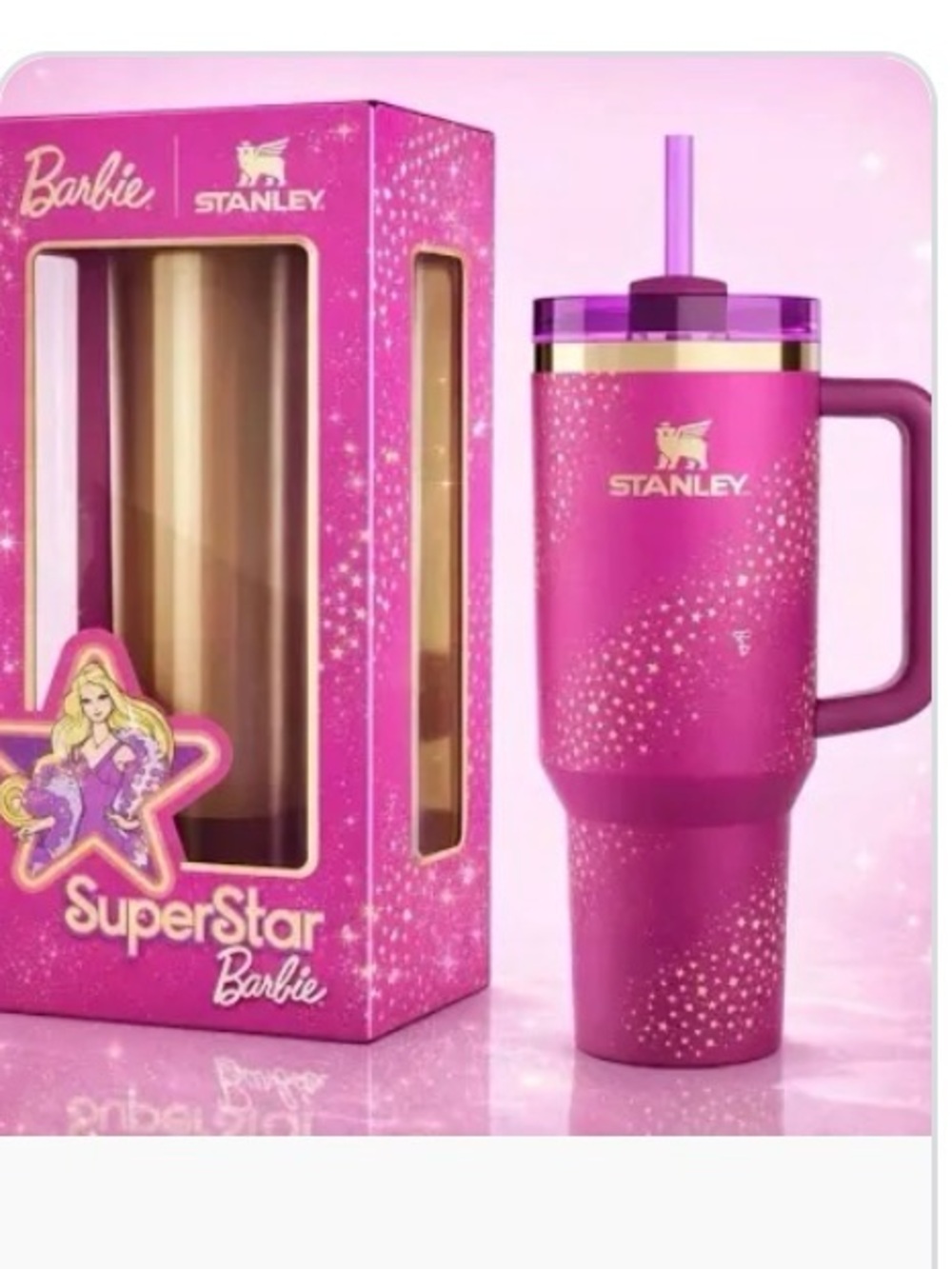 Stanley Barbie Magenta Travel Tumbler with Straw and Gold Accents